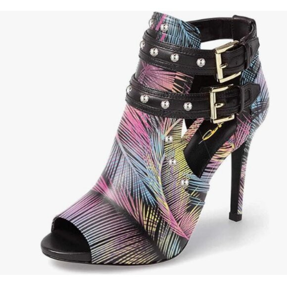 XYD Conifer Studs Peep Toe High Heel Buckled Double Straps Cutout Ankle Bootie - Picture 1 of 8